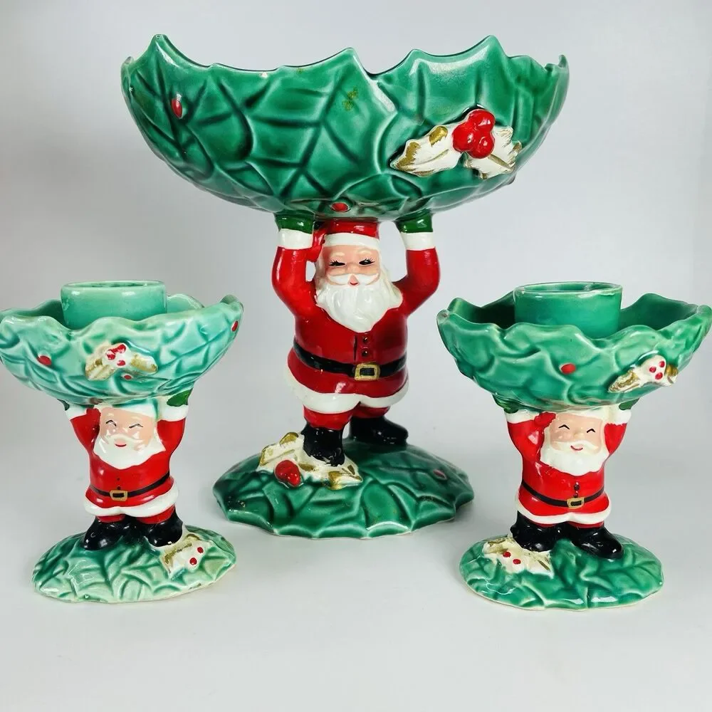 VTG NAPCO Ware Santa Christmas Set 1962 Candy Dish Candle Holder Holly Ceramic